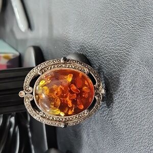 VINTAGE MARCASITE and FAUX AMBER BROOCH/SCARF HOLDER with RHINESTONE ACCENTS